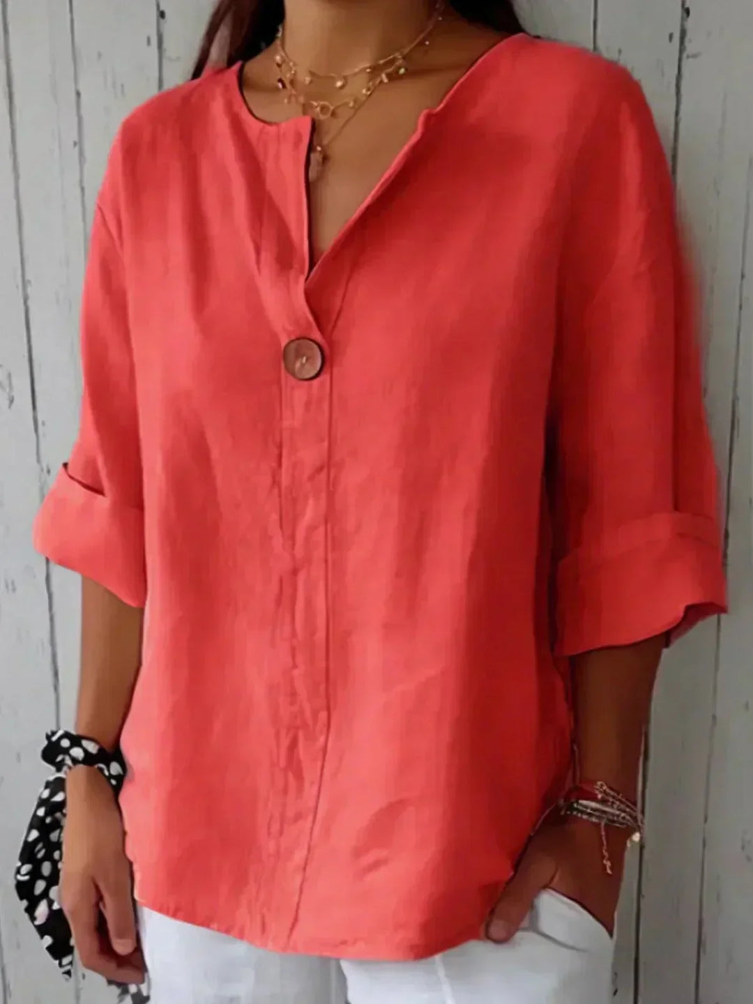 Amara™ relaxed V-neck top in red with button front and three-quarter sleeves