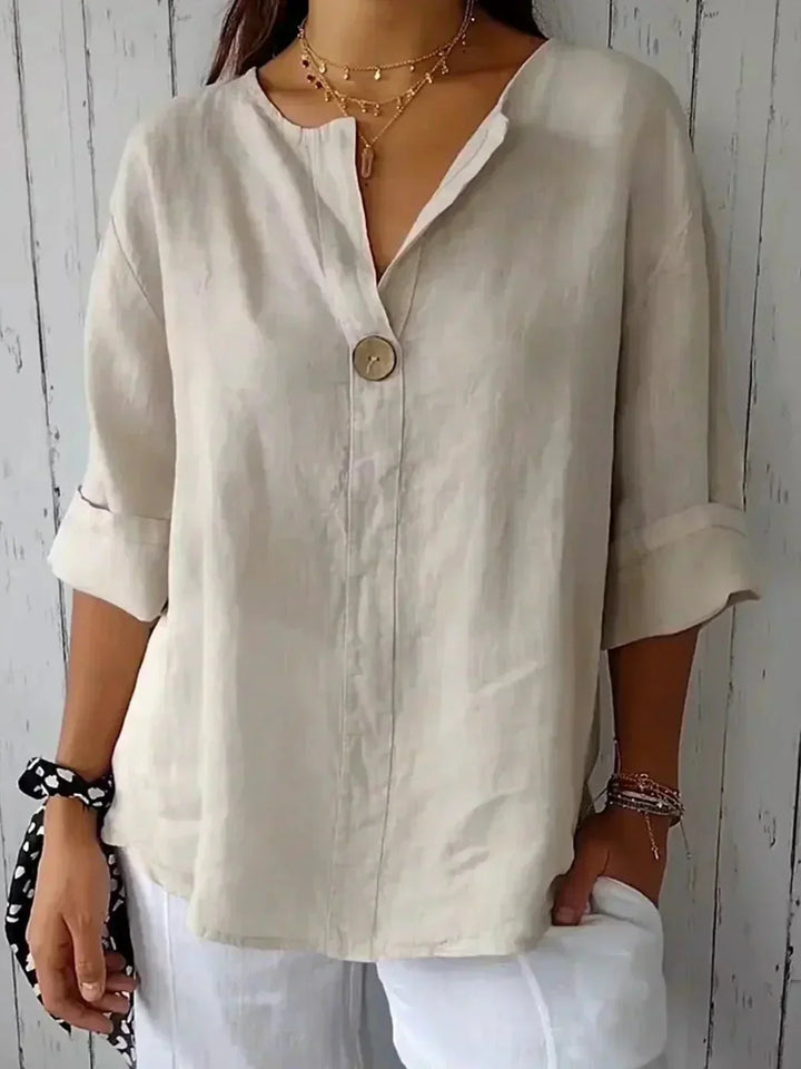 Amara™ relaxed V-neck top in beige with button front and three-quarter sleeves