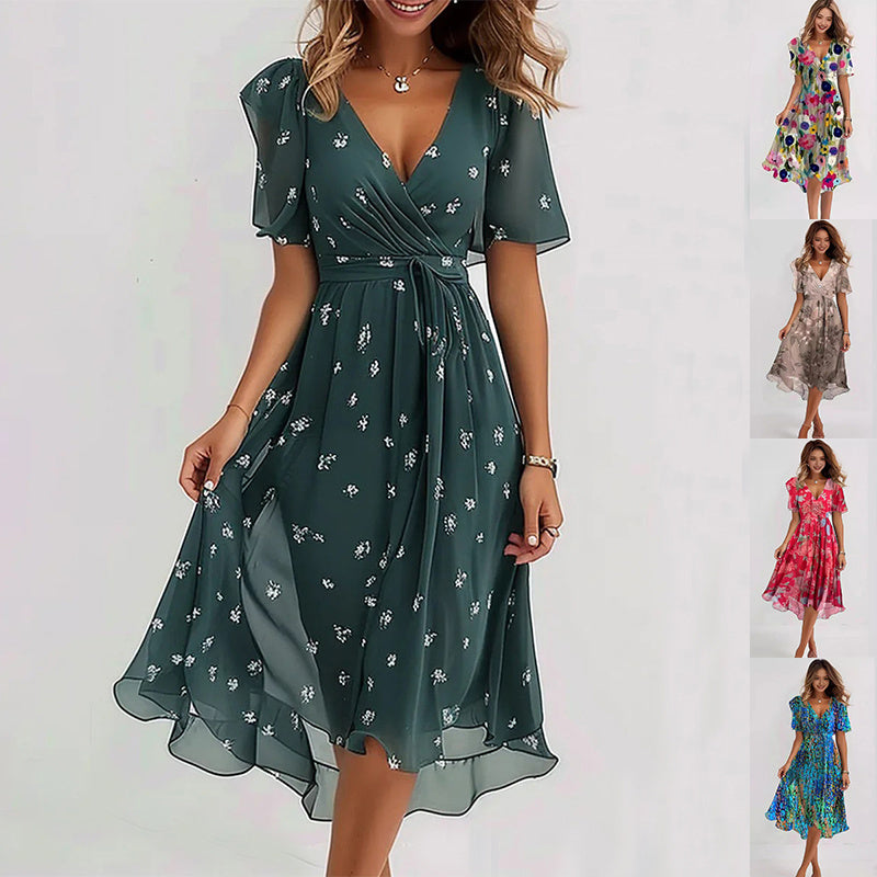 Elegant printed dress in dark green with small white floral pattern, V-neck and flowy skirt