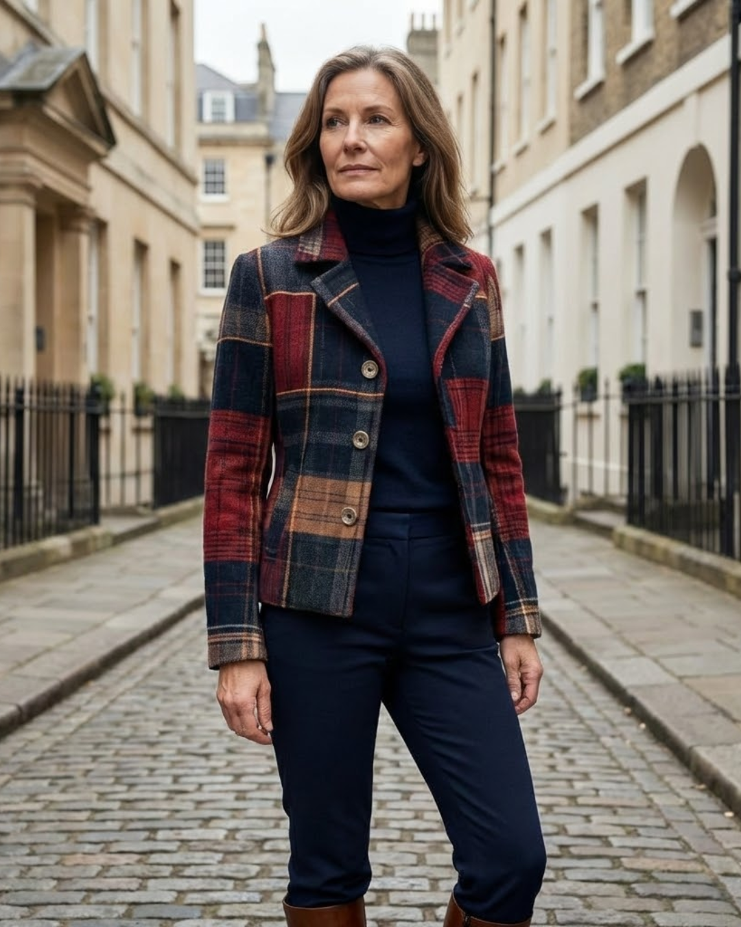 Ruby™ plaid jacket with multicolor check pattern, button-front and fitted cuffs