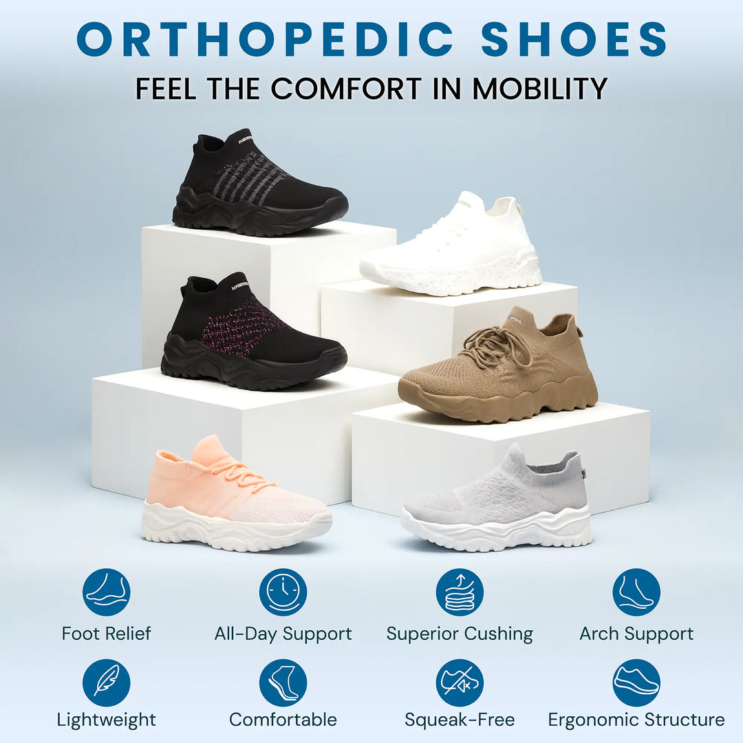 Orthopedic sneaker styles display: black, white, tan, and pink on stacked boxes