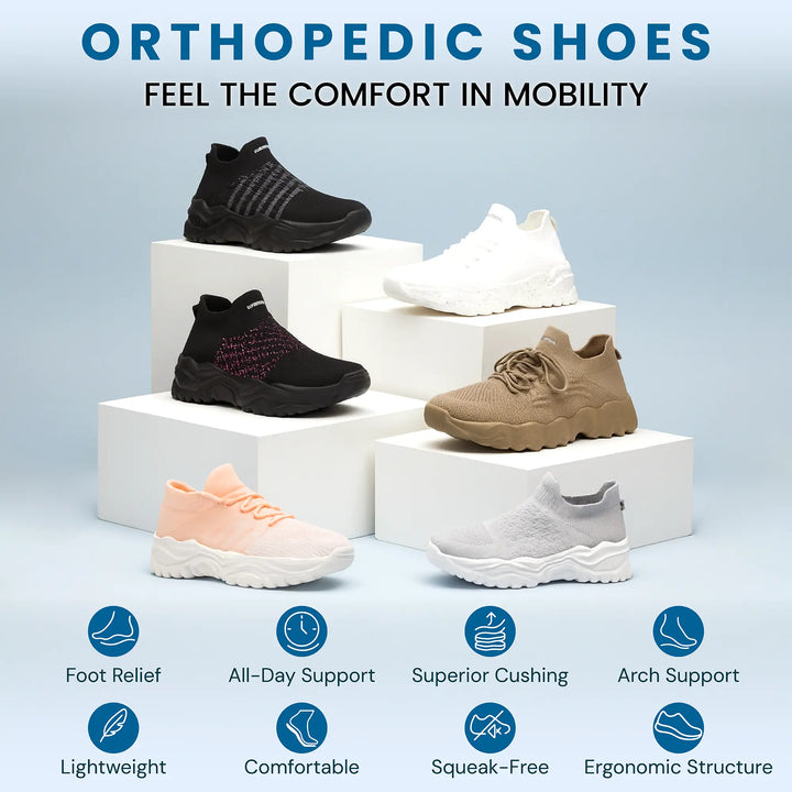 Orthopedic sneaker styles display: black, white, tan, and pink on stacked boxes