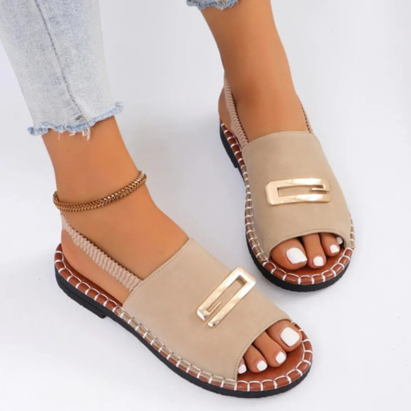 Beige comfort sandals with two straps and square gold buckle, open toe platform