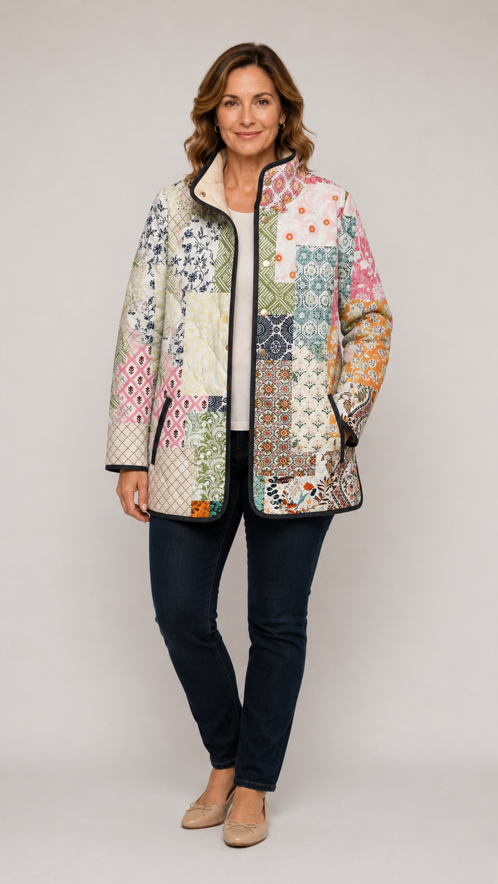 Multicolor floral quilted jacket with zip front and stand collar, worn