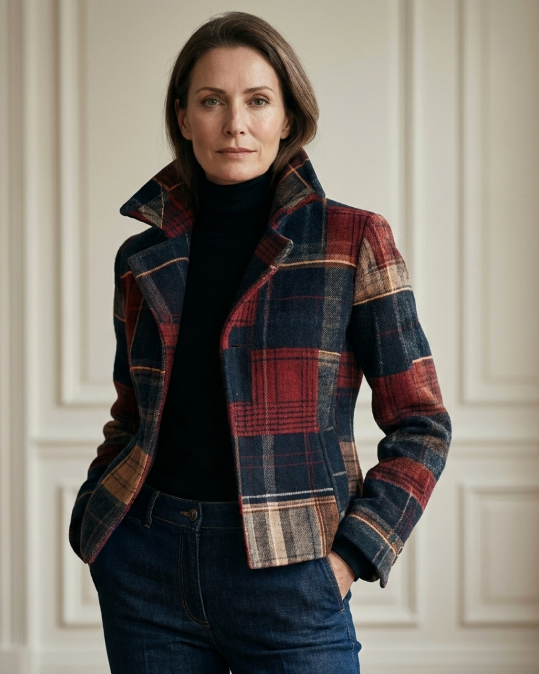 Ruby™ plaid jacket with multicolor check pattern, button-front and long sleeves