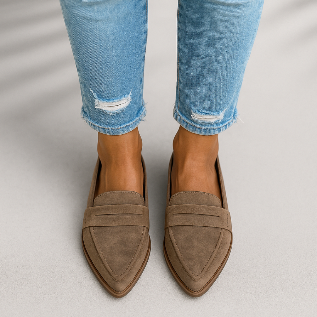 Khaki suede pointed slip-on loafer with stitched apron and low stacked sole