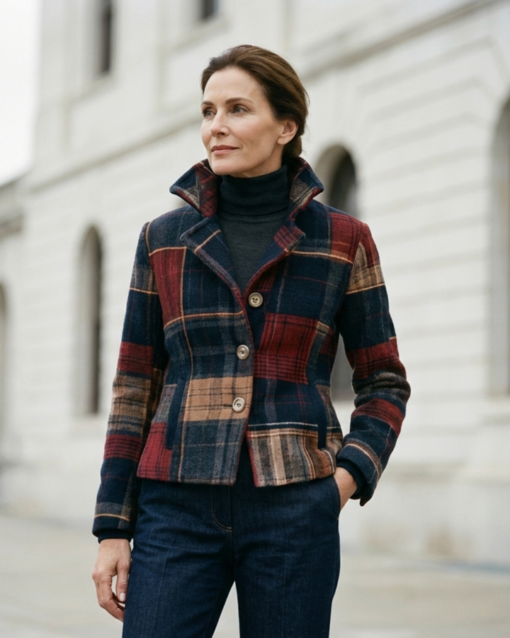 Ruby™ plaid jacket with multicolor check pattern, button-front and stand collar