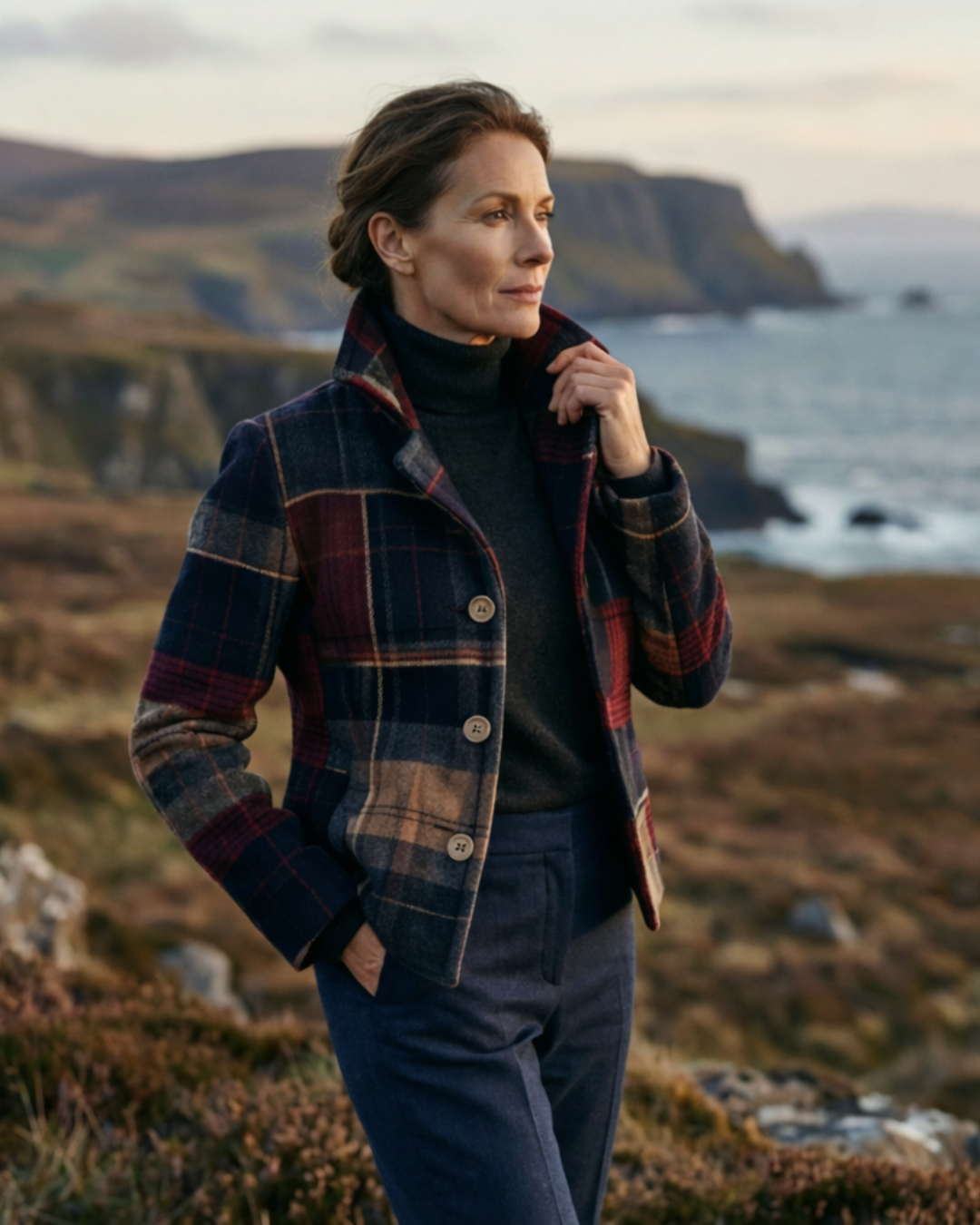 Ruby™ plaid jacket in multicolor checks with stand collar and button-front
