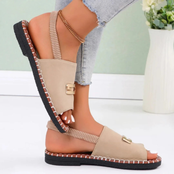 Beige comfort sandals with ankle strap and square gold buckle, open toe platform