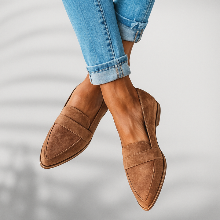 Tan suede pointed slip-on loafer with double strap detail and low sole