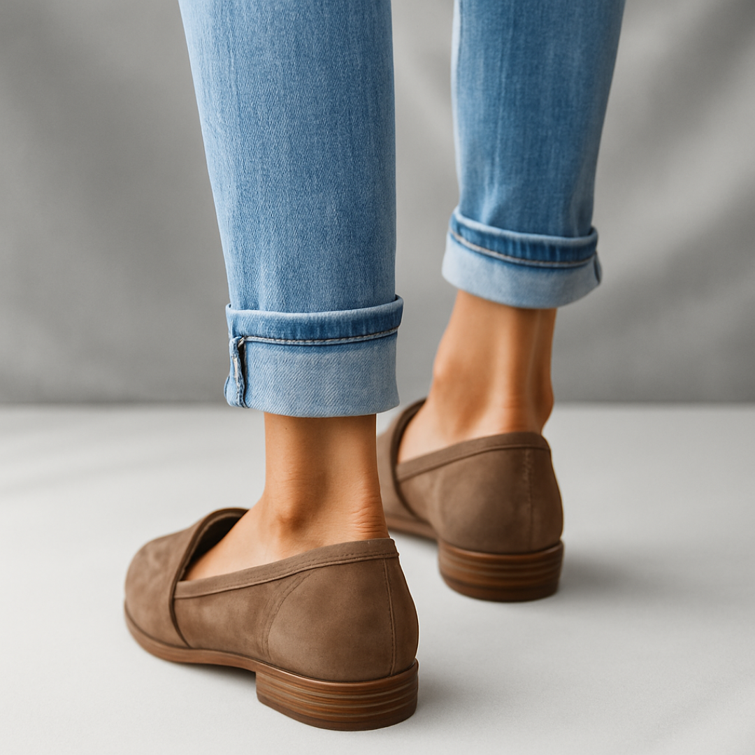 Khaki suede pointed slip-on loafer with back tab and low stacked heel
