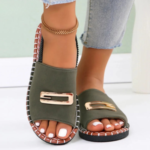 Green comfort sandals with square gold buckle and open toe, stitched platform sole