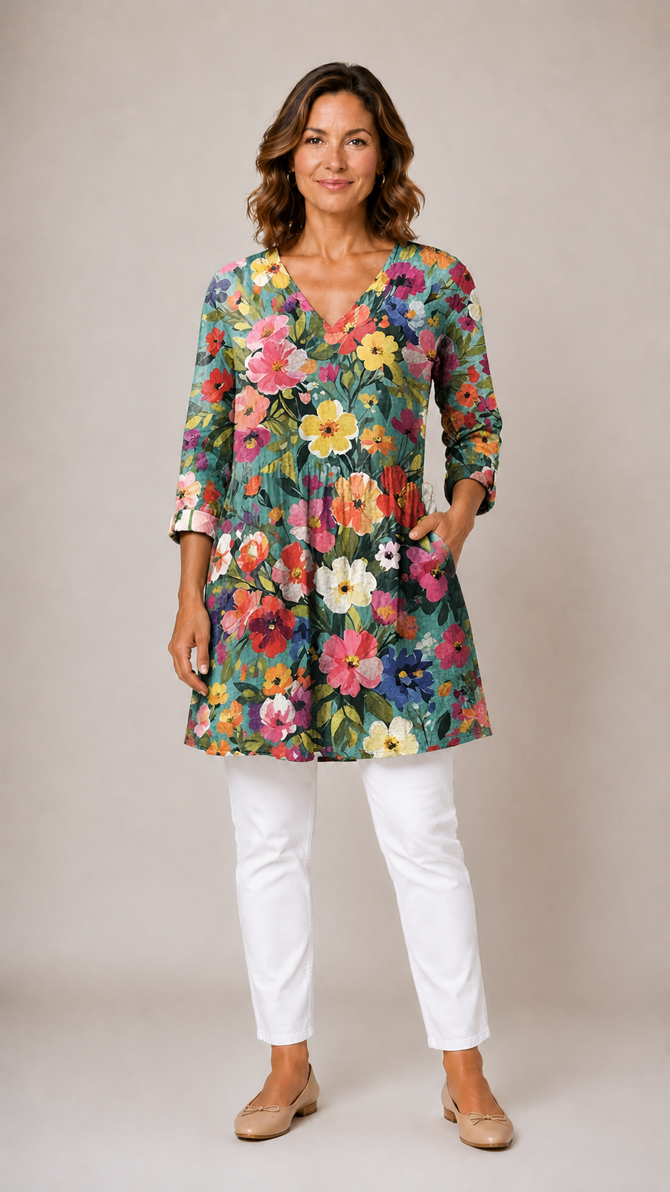 Multicolor floral long blouse, V-neck, three-quarter sleeves, gathered waist