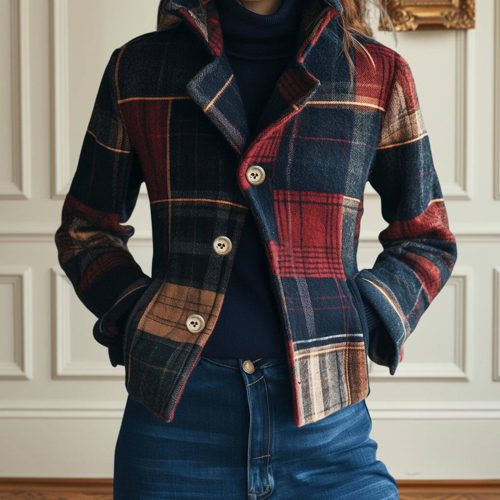 Ruby™ plaid jacket with multicolor check pattern, button-front and stand collar
