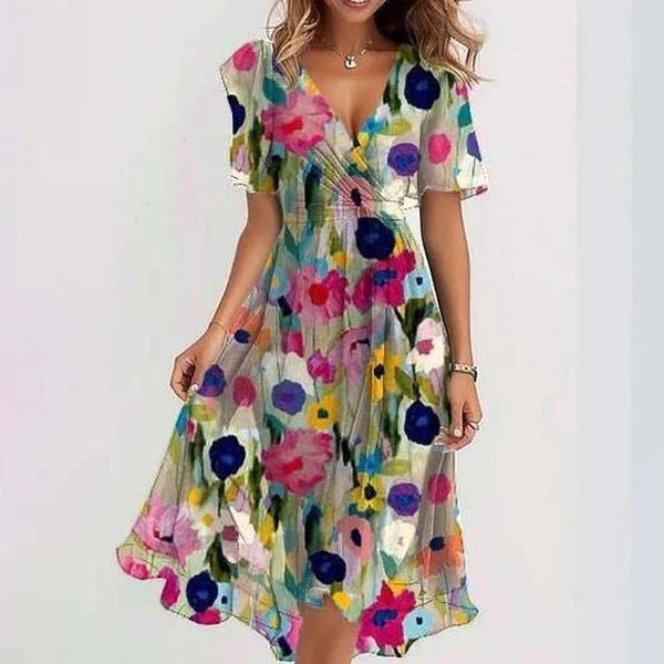 Elegant printed dress with multicolor floral print, V-neck and short sleeves