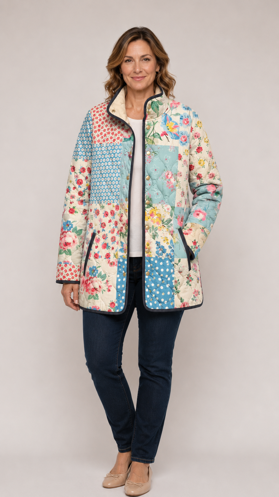 BRYNN™ floral quilted jacket with multicolor patchwork, front zipper, stand collar