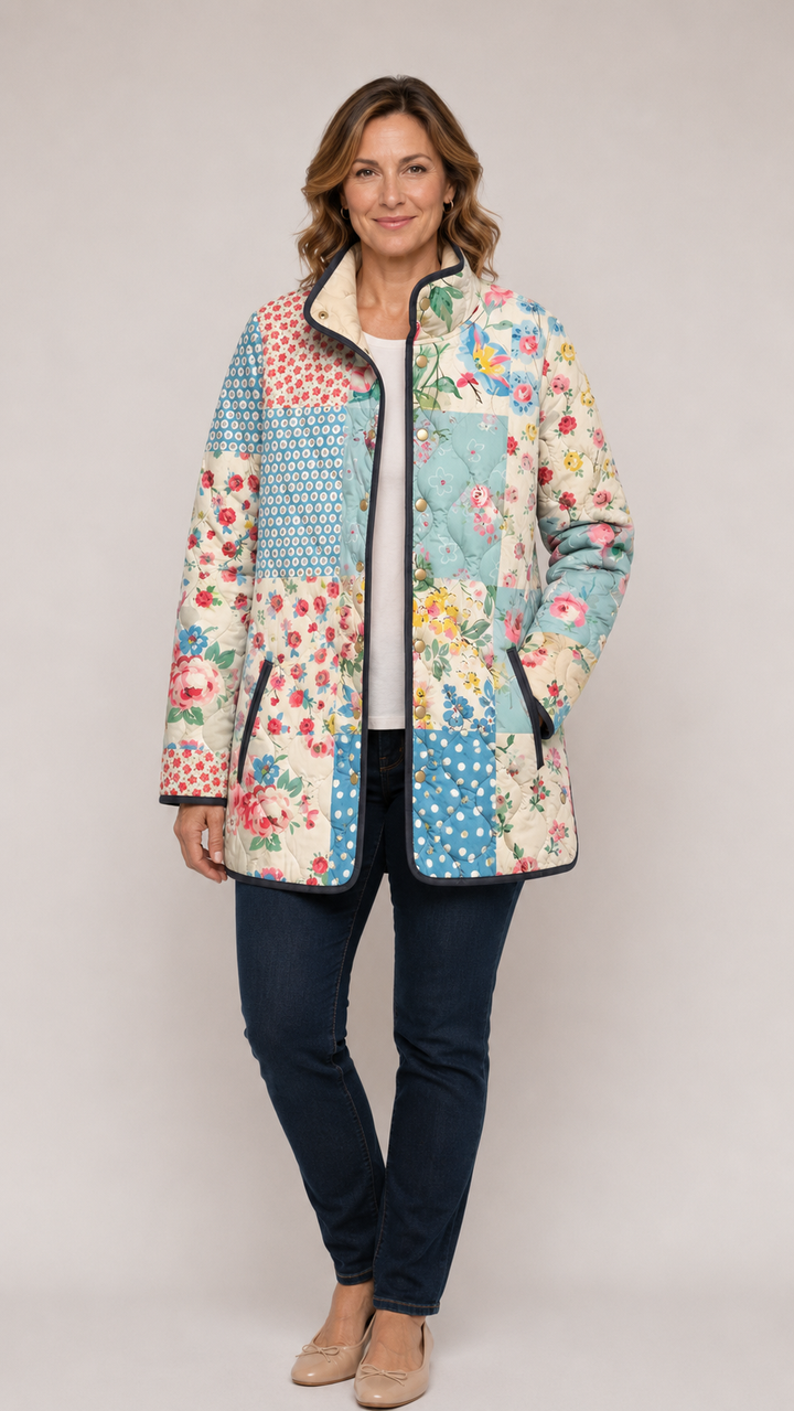 BRYNN™ floral quilted jacket with multicolor patchwork, front zipper, stand collar