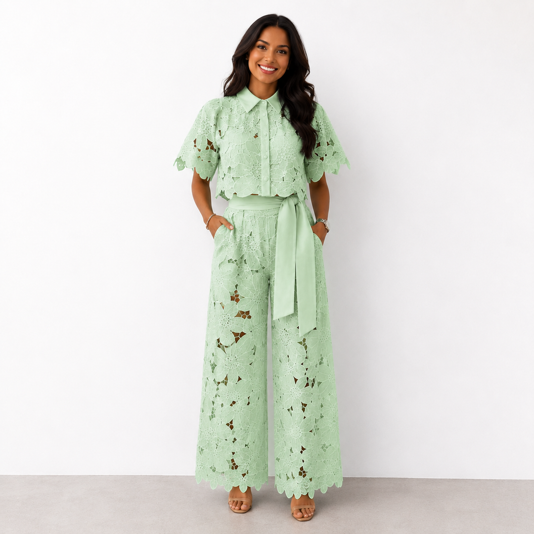 Green lace short-sleeve top and wide-leg pants set with waist tie belt