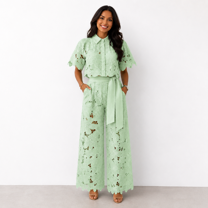 Green lace short-sleeve top and wide-leg pants set with waist tie belt