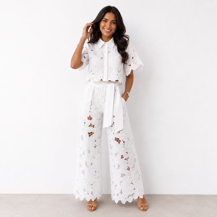 White lace short-sleeve top and wide-leg pants set with waist tie belt