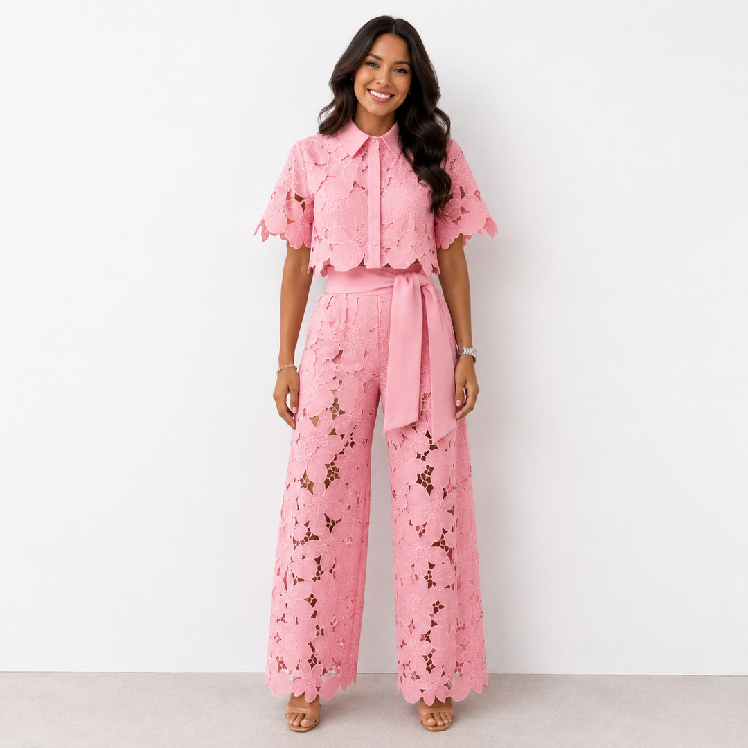 Pink lace short-sleeve top and wide-leg pants set with waist tie belt