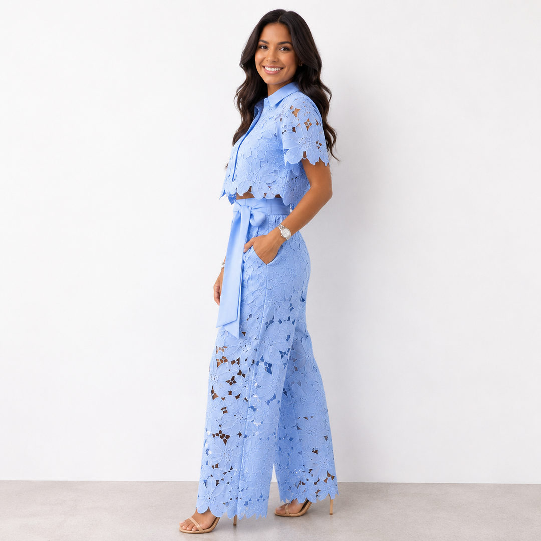 Blue lace short-sleeve top and wide-leg pants set with waist tie belt