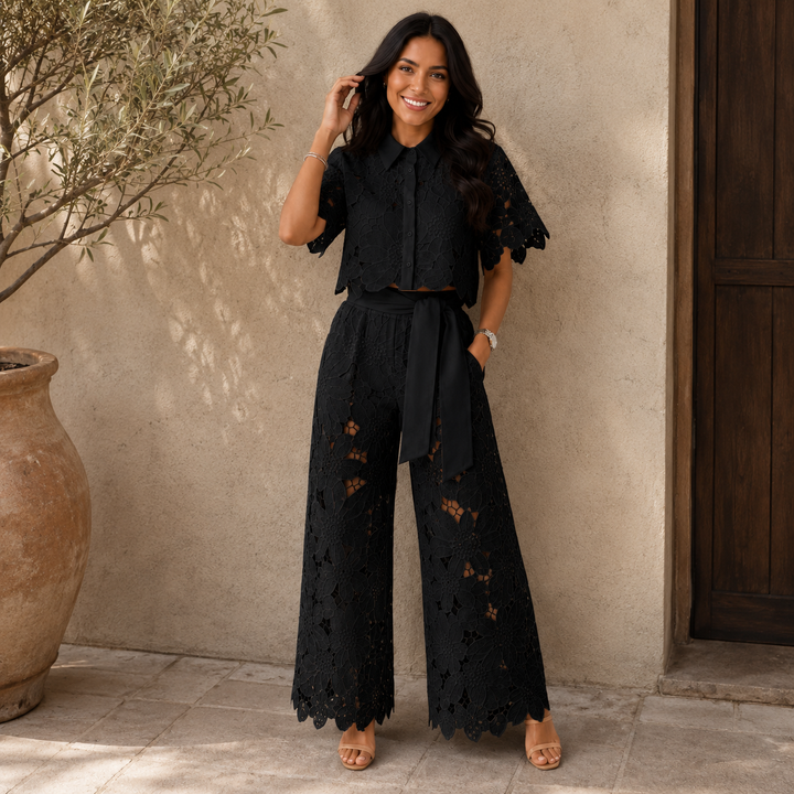 Black lace short-sleeve top and wide-leg pants set with waist tie belt