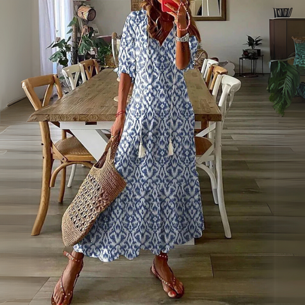 Paisley™ blue patterned midi dress with short sleeves and V-neck