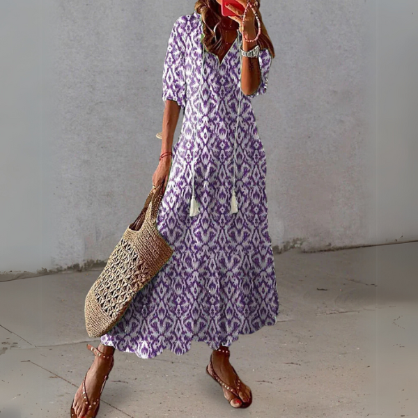 Paisley™ purple patterned midi dress with short sleeves and V-neck