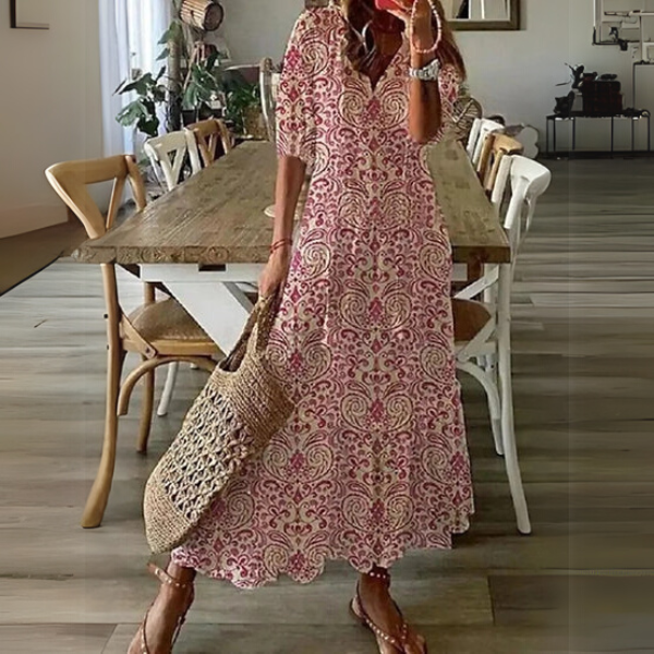 Paisley™ red patterned midi dress with short sleeves and V-neck
