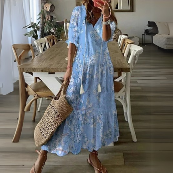 Paisley™ light blue patterned midi dress with short sleeves and V-neck