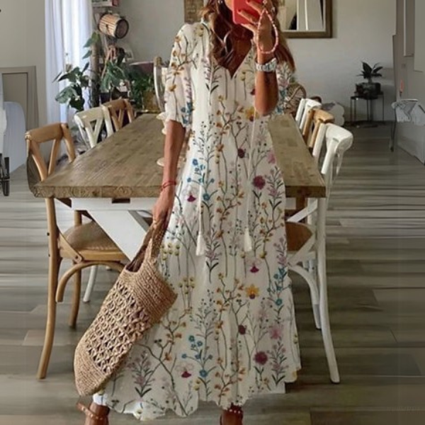 Paisley™ white floral midi dress with short sleeves and V-neck