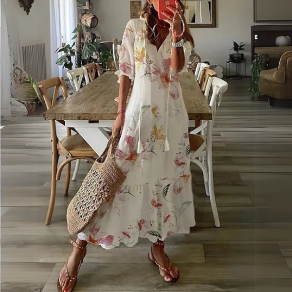 Paisley™ white floral midi dress with short sleeves and V-neck, gathered skirt