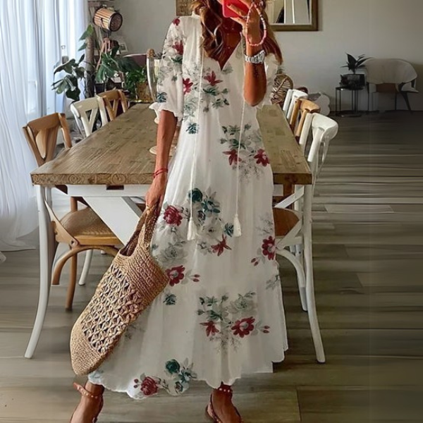 Paisley™ white floral midi dress with long skirt, short sleeves, and V-neck