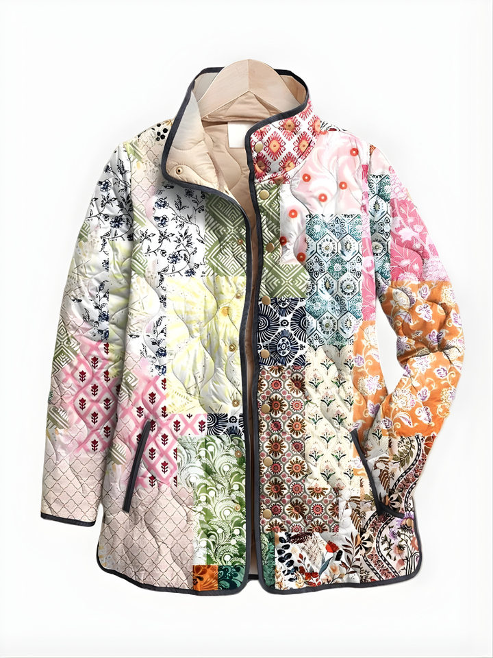 Multicolor floral patchwork quilted jacket with zip front and stand collar