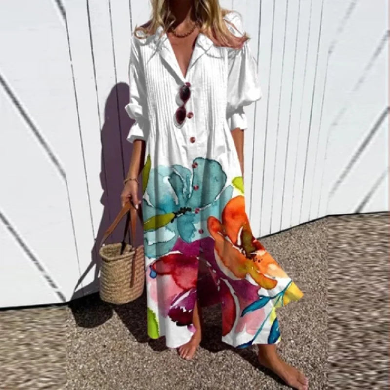 Boho puff-sleeve maxi dress with white base and colorful bird-like artwork