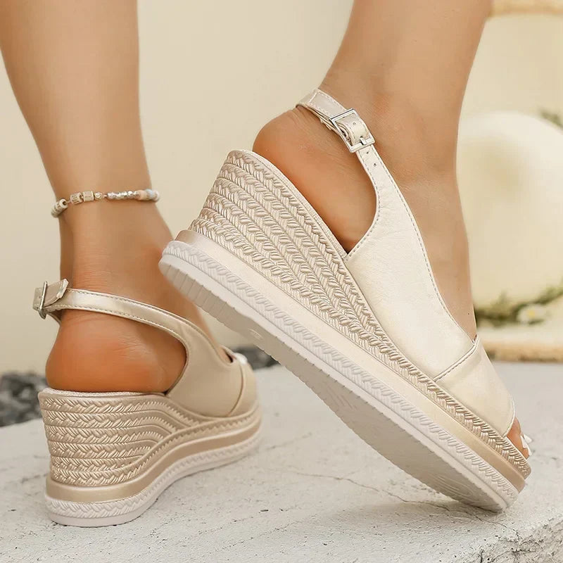 Cream orthopaedic wedge sandals with ankle strap and textured platform sole