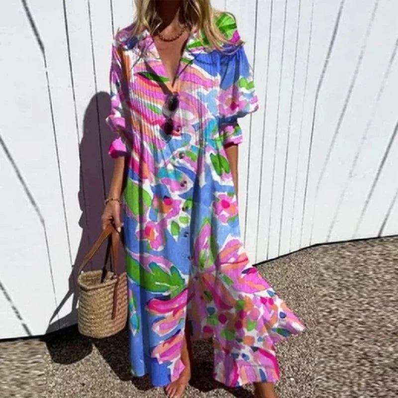 Boho puff-sleeve maxi dress with bright multicolor stripes and floral accents