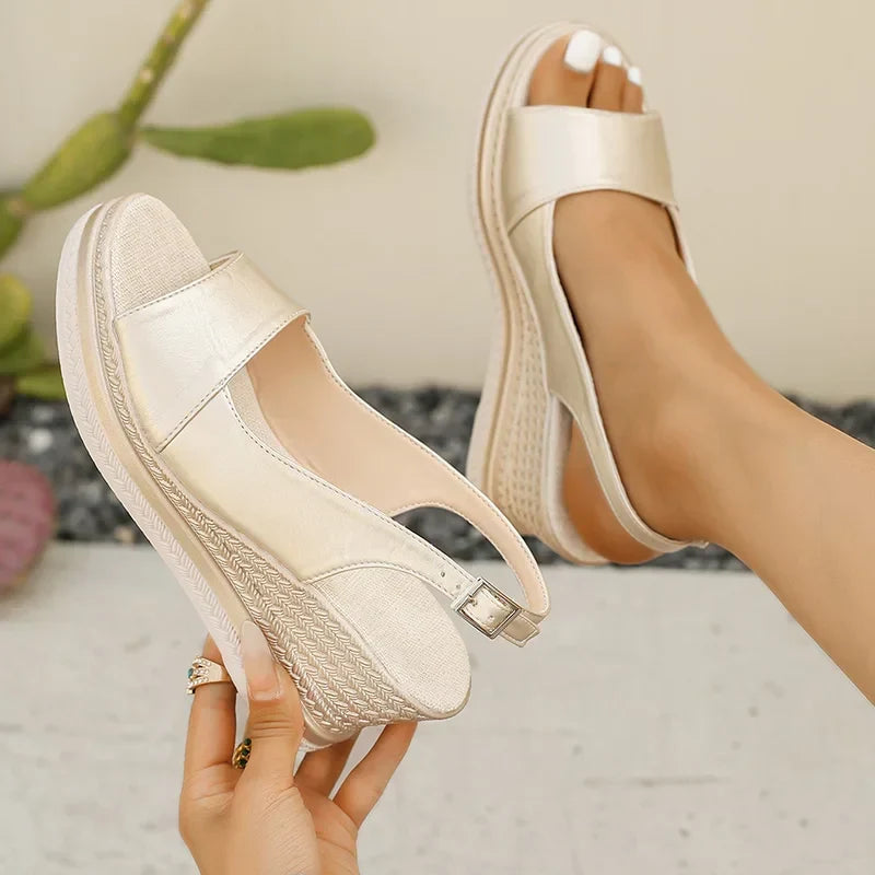 Champagne orthopaedic ankle strap wedge sandals with textured platform sole