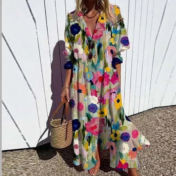 Boho puff-sleeve maxi dress with colorful floral print and button front