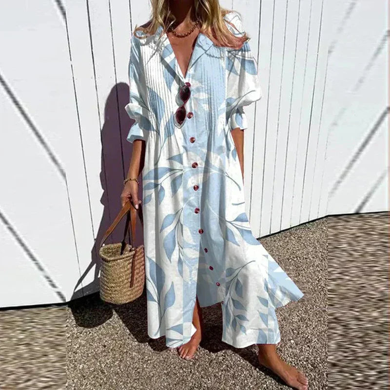 Boho puff-sleeve maxi dress in light blue and white with button-down front