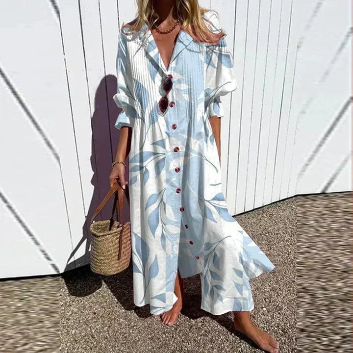Boho puff-sleeve maxi dress in light blue and white with button-down front