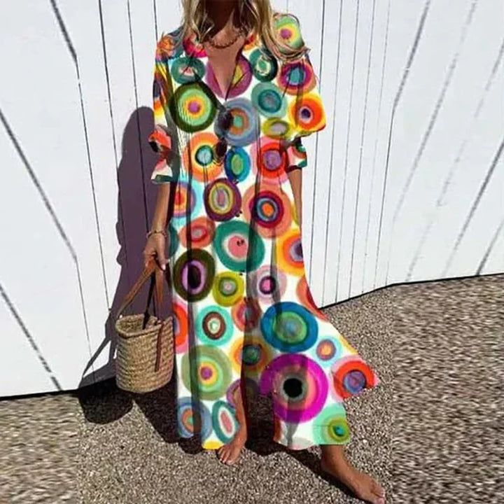 Boho puff-sleeve maxi dress with bold multicolor circle pattern and button front