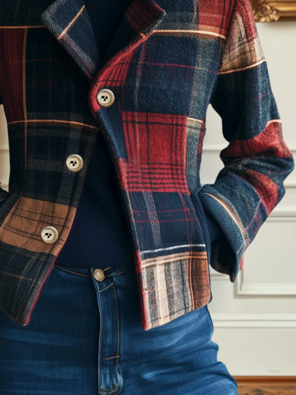 Ruby™ plaid jacket with multicolor check pattern and front button closure