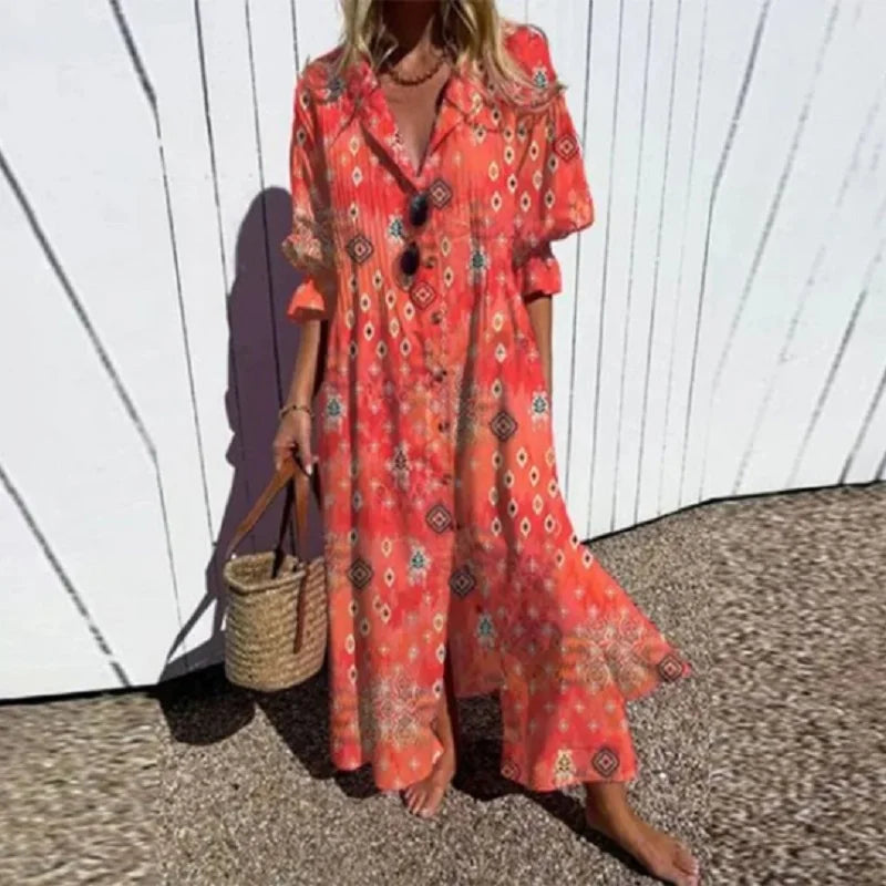 Boho puff-sleeve maxi dress with red print and fluttery ruffle sleeves