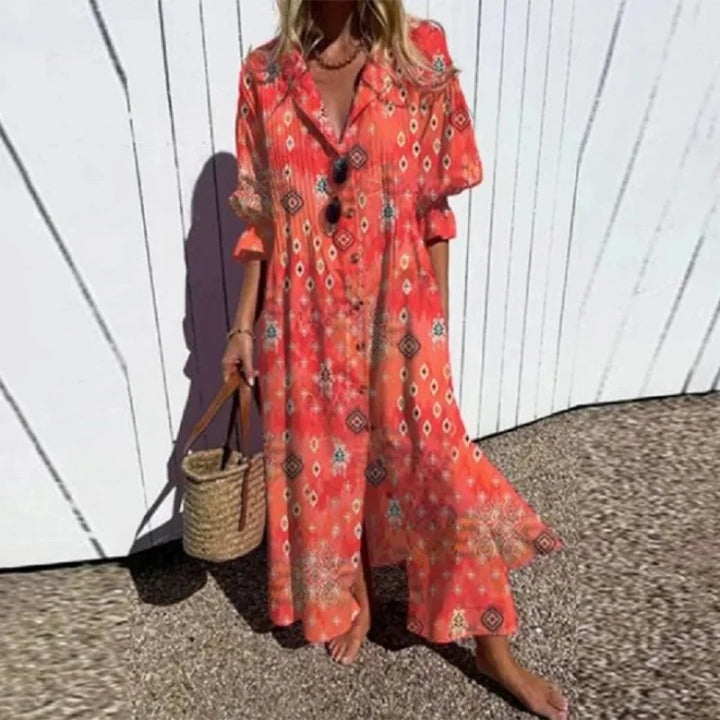 Boho puff-sleeve maxi dress with red print and fluttery ruffle sleeves