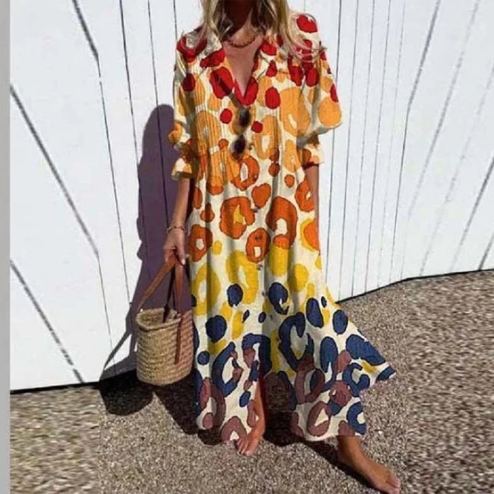 Boho puff-sleeve maxi dress with orange and navy abstract dot print