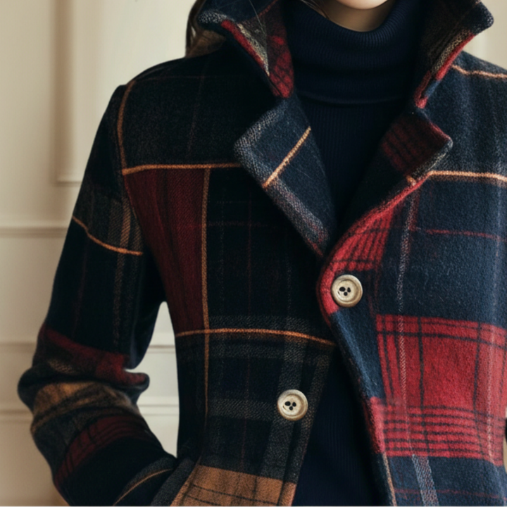 Ruby™ plaid jacket, multicolor check pattern with button placket and stand collar