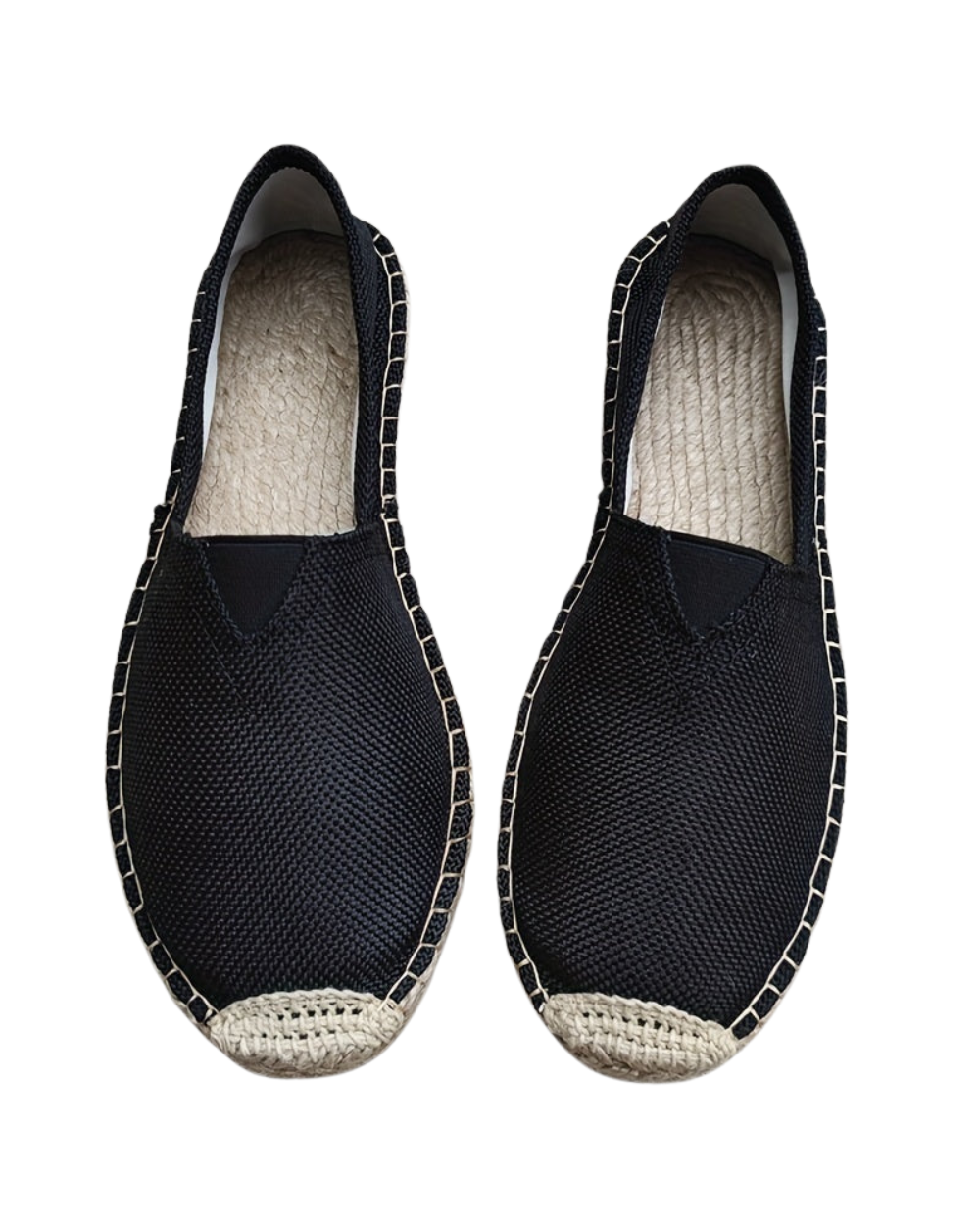 Black espadrille slip-on with woven jute sole and contrasting stitched trim
