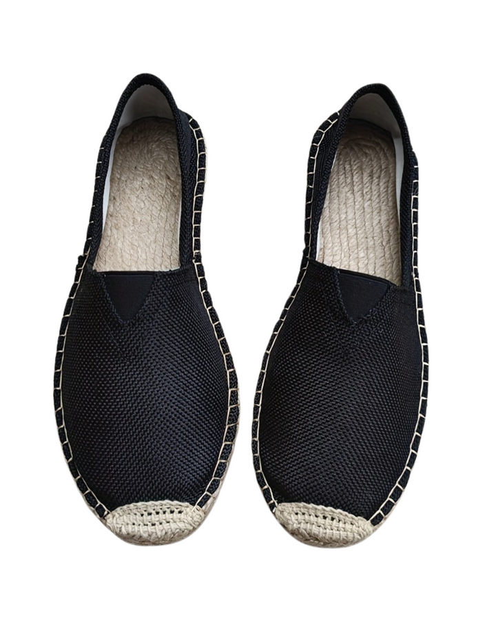 Black espadrille slip-on with woven jute sole and contrasting stitched trim
